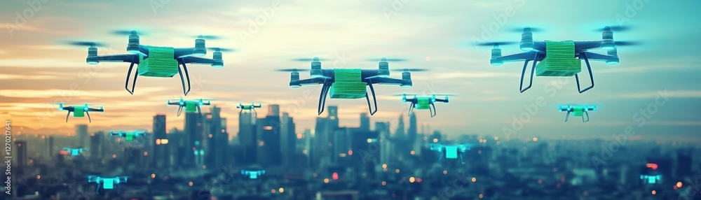 Poster aerial view of multiple drones soaring over an urban landscape with skyscrapers and city lights crea