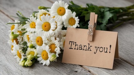 Daisies accompany a thank you card attached with clothespin