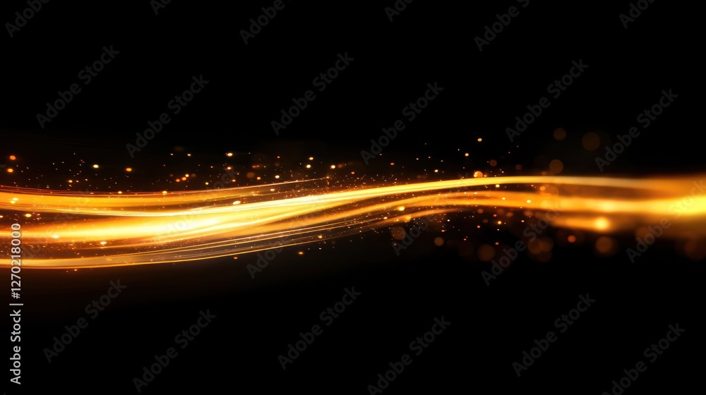 Poster abstract golden light trails with sparkles on a dark background