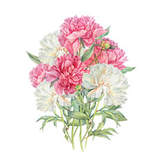 Watercolor bouquet with pink and white milk peony summer flower isolated on white background. Floral plant with leaves. Clipart for florist or wedding invite celebration card. Wallpaper or wrapping