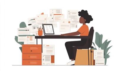 Overwhelmed Black professional working from home with piles of paperwork