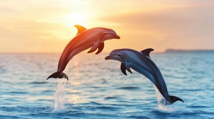 Graceful Dolphins Leaping Playfully Above Sparkling Ocean Waves Under Bright Blue Sky Creating a Joyful and Energetic Seascape Scene of Nature