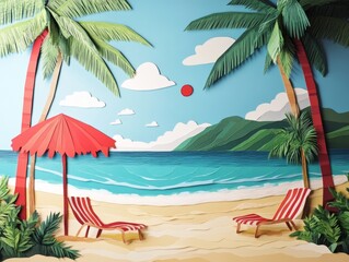Tropical beach scene depicted in paper art style - ai