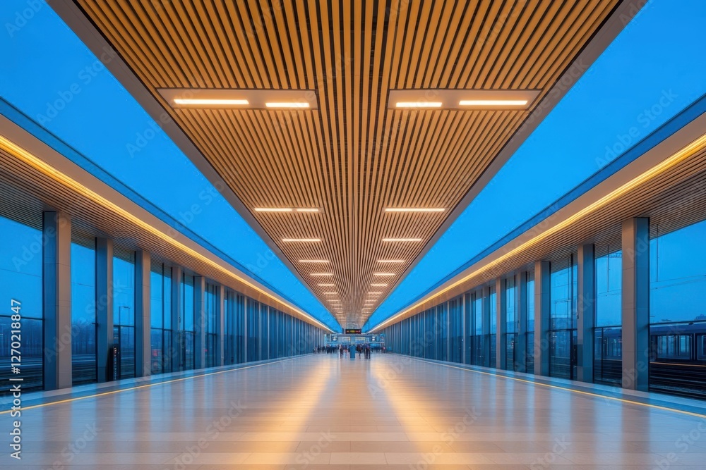 Poster elegant walkway ascending to building's top floor surrounded by modern architecture and lush greener