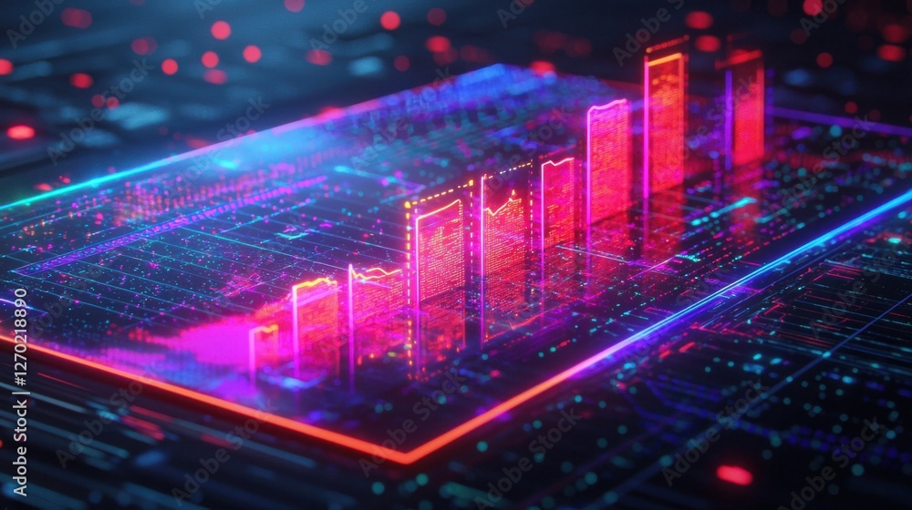 Poster futuristic data visualization with vibrant colors and bar graphs
