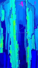 Colorful abstract artwork featuring vibrant blue and green vertical lines with bold accents and dynamic textures