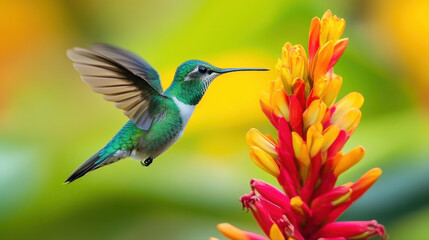 hummingbird hovering near vibrant flower, showcasing nature beauty
