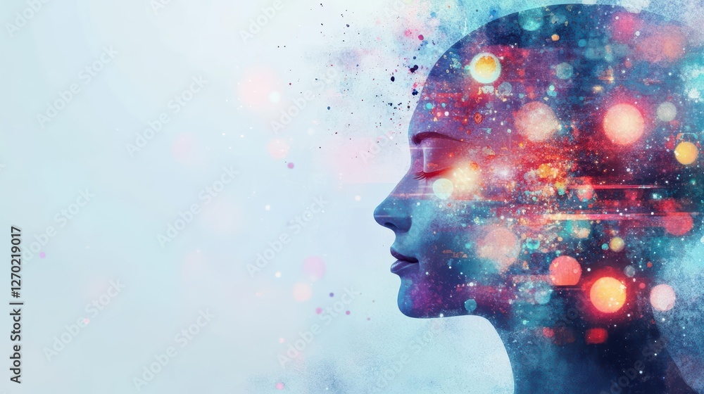 Poster a colorful light emanating from a woman's head symbolizing creativity and imagination in a dreamlike