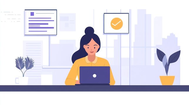 Young woman working on a laptop in a modern office illustration