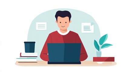 Man working on laptop at home, home office concept illustration