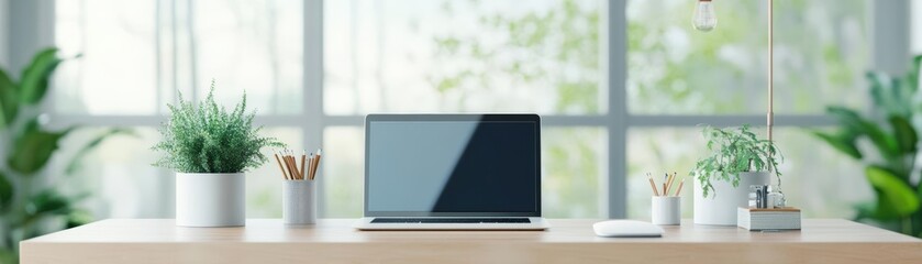 Modern Workspace Featuring Laptop on Wooden Desk Surrounded by Lush Green Plants Creating a Productive and Inviting Atmosphere for Creativity