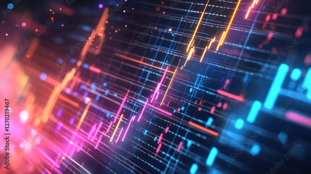 Poster vibrant data visualization with colorful lines and glowing effects