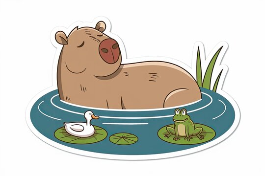 capybara relaxing in pond with duck and frog clip art preview