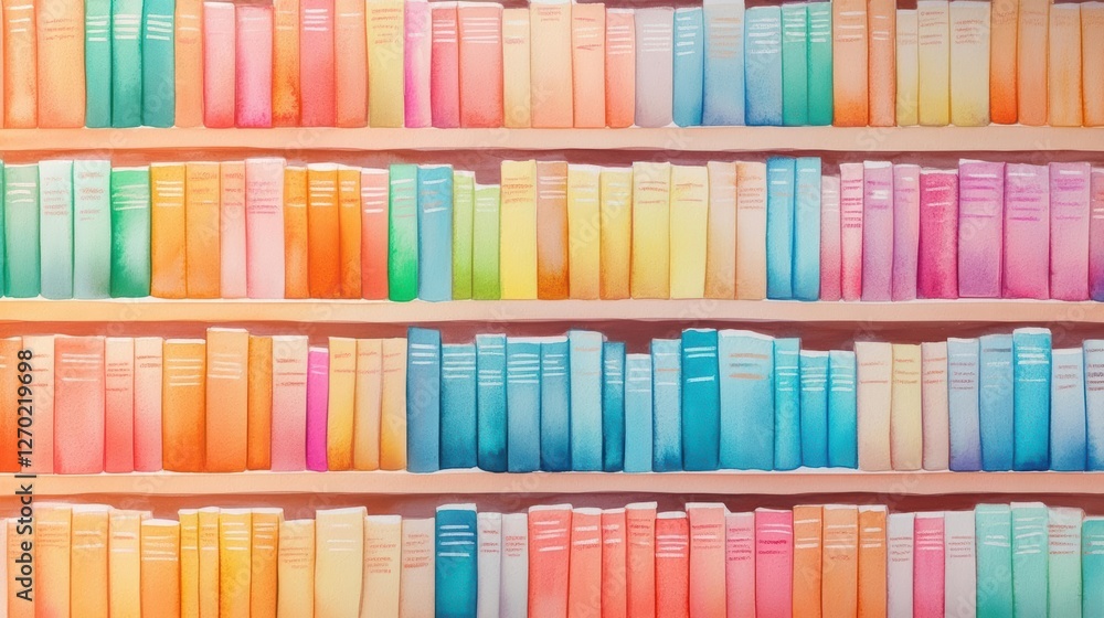 Poster a cozy home library with an abundant shelf filled with diverse books in various colors creating a wa
