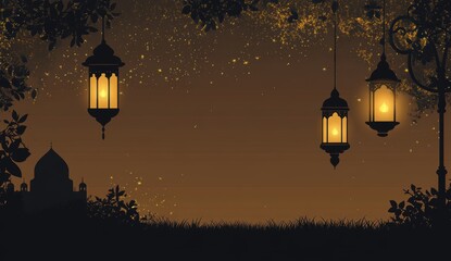 Illuminated lanterns at night, mosque silhouette, starry sky background, for Ramadan or Eid celebration