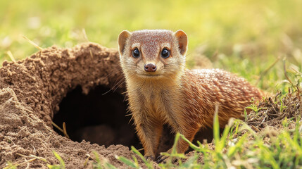 Obraz premium mongoose curiously investigates burrow in grass, showcasing its playful nature and keen senses