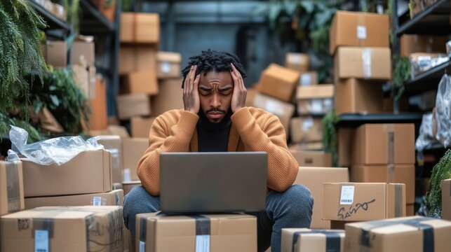 Overwhelmed entrepreneur struggling with e-commerce logistics in warehouse