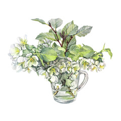 Watercolor bouquet branches with apple blossoms in vase isolated on white background. Spring aromatic flowers. Lush foliage for romantic celebration. Clipart for wedding invite or 8 March. Wrapping