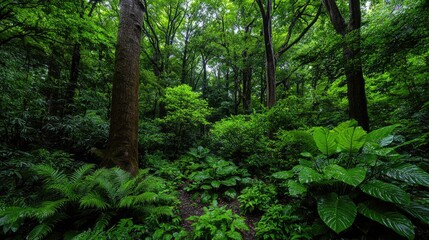 Fototapeta premium Lush green forest interior, tranquil scene, nature's beauty, perfect for backgrounds