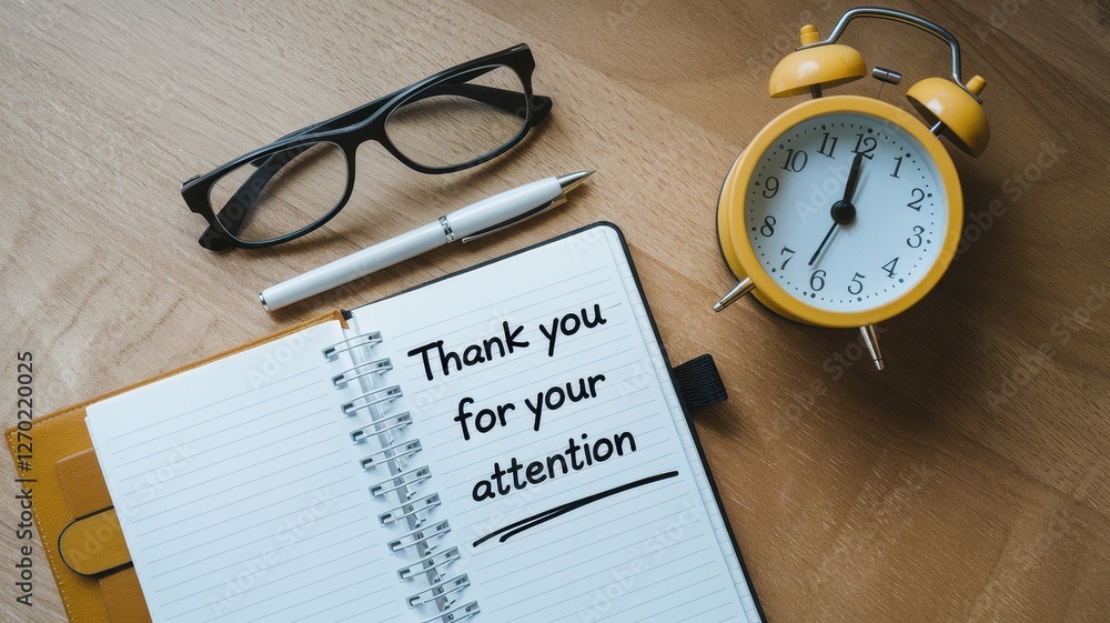 Poster a notebook with a thank you message alongside other objects
