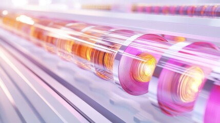 Factory conveyor, glowing tubes, process, future