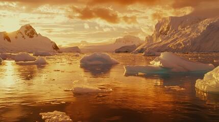 Serene sunset over icy waters with floating icebergs and dramatic clouds in the Arctic landscape