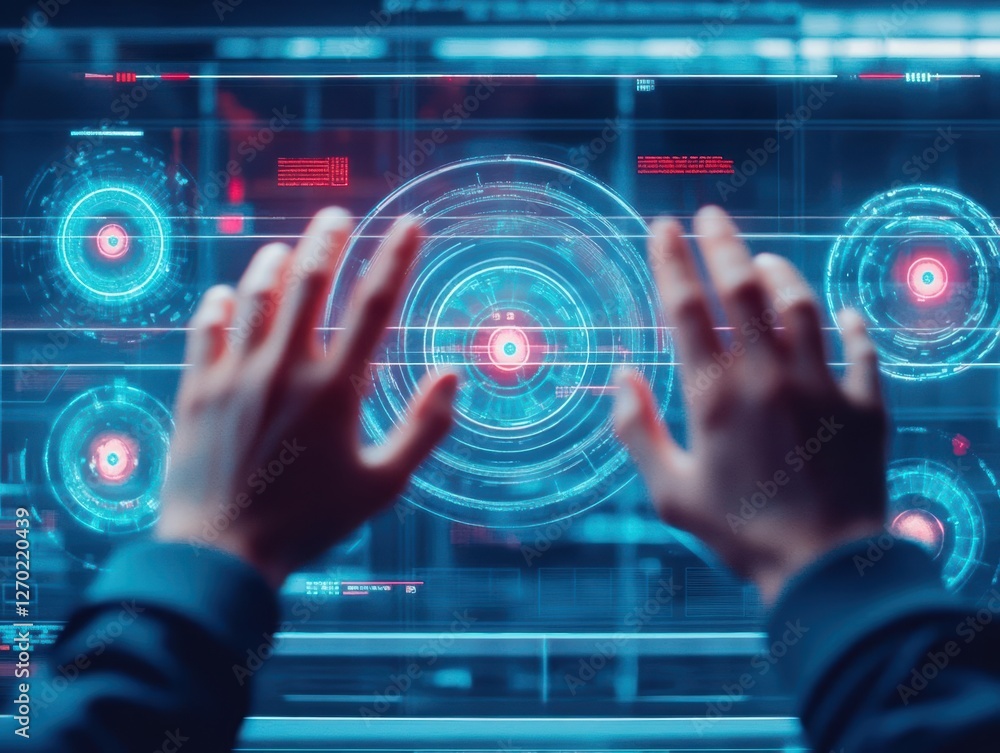 Poster a person interacting with a futuristic digital interface surrounded by soft ambient light creating a