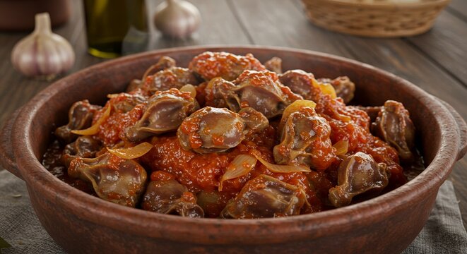 Delicious stewed chicken gizzards in rich tomato based sauce