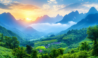 Fototapeta premium Breathtaking sunrise over lush green terraced rice paddies nestled in a majestic mountain valley. Serene and idyllic landscape perfect for travel, nature, and tourism websites.