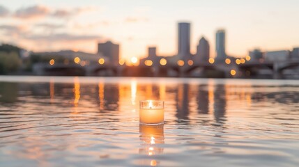 Fototapeta premium Lit candle in a glass jar floats on calm river water with a blurred city skyline at sunset.