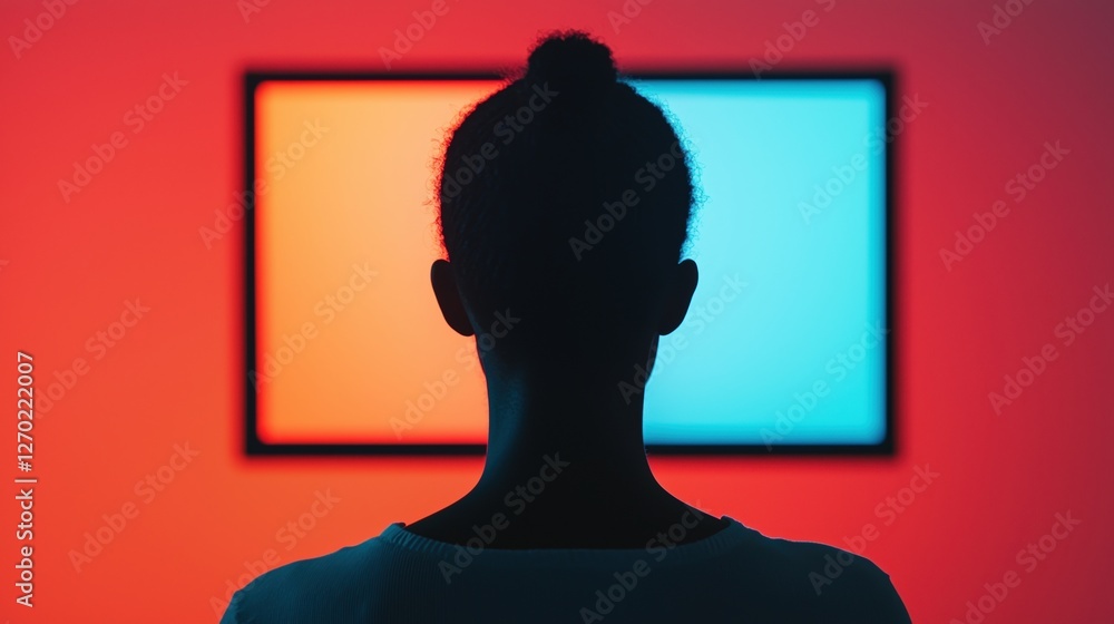 Poster streaming services concepts. silhouette of a person watching a colorful screen display.