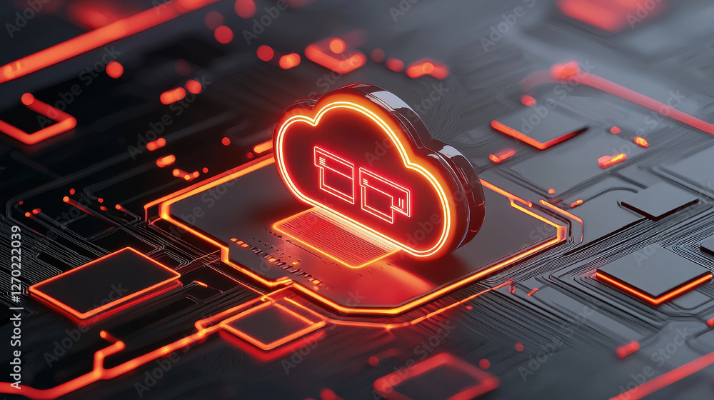 Poster cloud based file storage abstract 3d rendering of cloud storage with glowing red circuitry