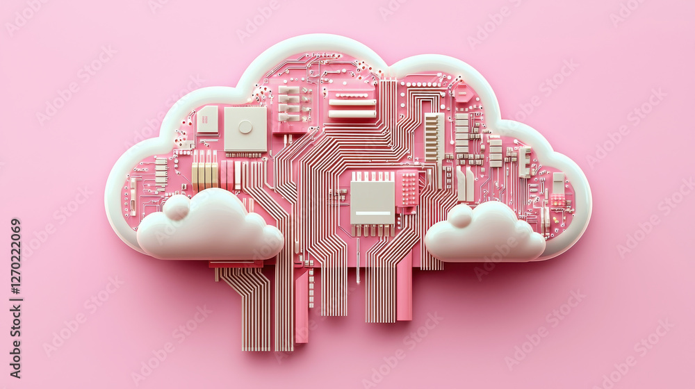 Poster cloud based file storage pink circuit board forms cloud shape, symbolizing digital connectivity