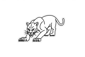 Obraz premium Minimalist Vector Black & White Graphic of a Crouching Panther, Outline Illustration, Sleek Design, Sticker Style, Bold Lines, Aggressive Stance, Isolated on White