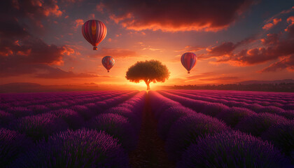 Obraz premium Serene sunset over a lavender field with hot air balloons and a lone tree, creating a breathtaking, peaceful scene.
