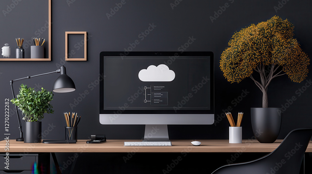 Poster cloud based file storage modern workspace with computer displaying cloud storage on wooden desk