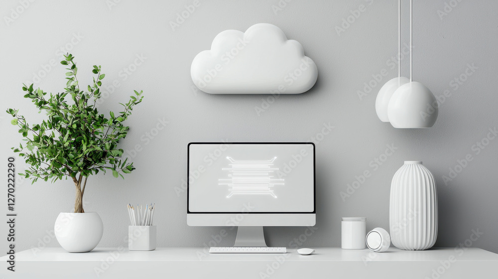 Poster cloud based file storage modern workspace with computer and cloud symbol, featuring minimalist decor