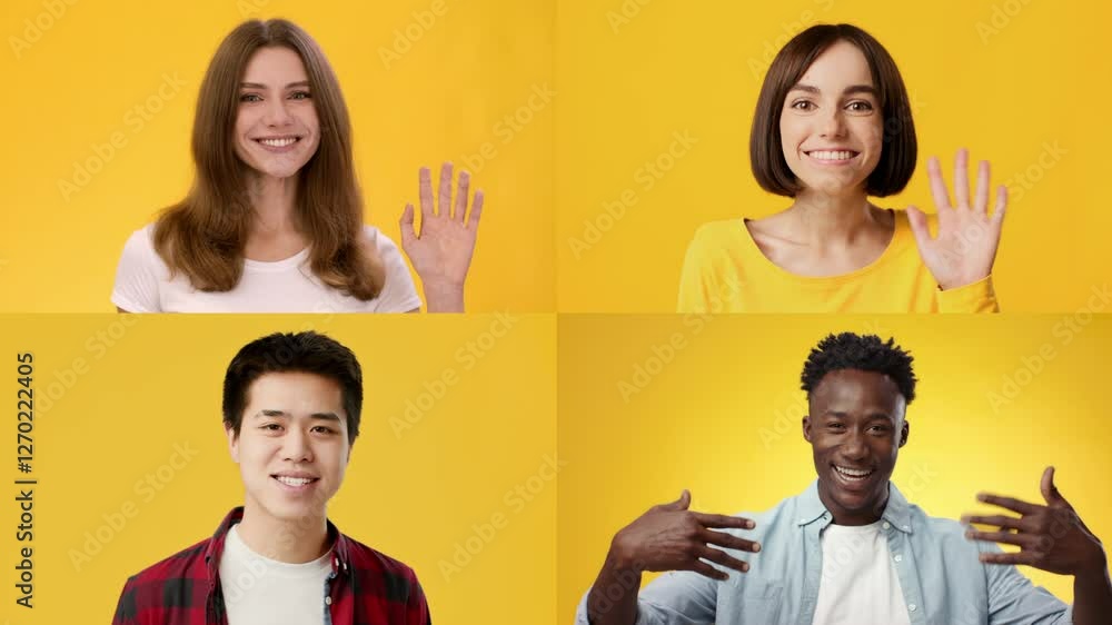 Poster four diverse individuals smile and wave, conveying a friendly greeting. each person showcases a uniq