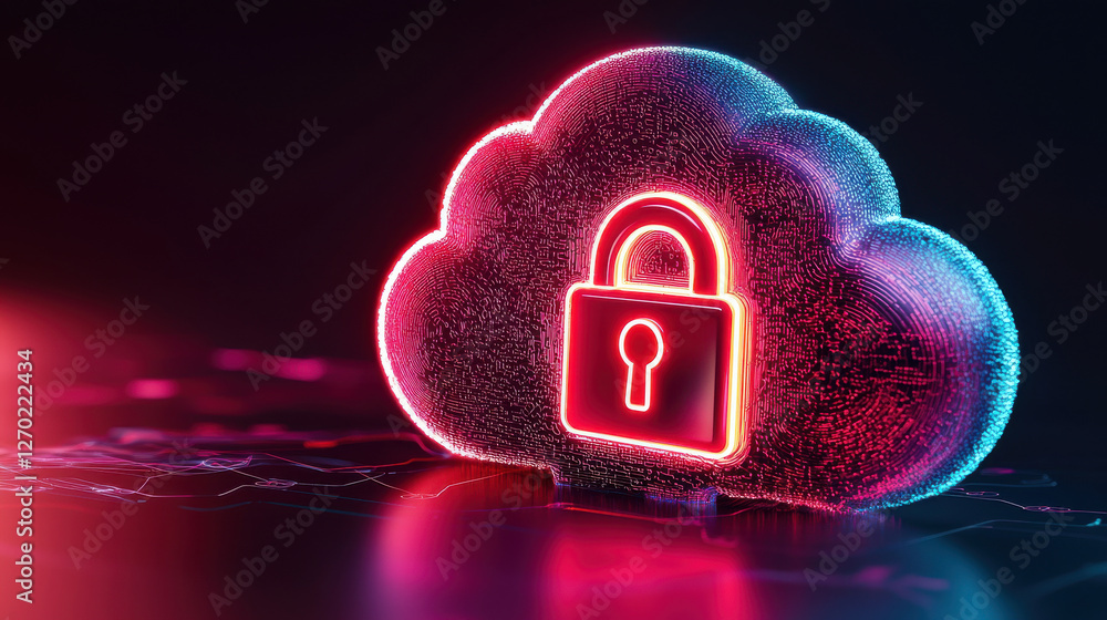 Poster cloud based file storage glowing padlock on digital cloud symbolizing secure cloud storage concept