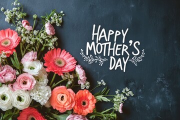 Elegant flat lay of fresh flowers framing "Happy Mother's Day" white cursive text on charcoal backdrop, crafted for greeting cards, social media campaigns, and gift packaging designs.