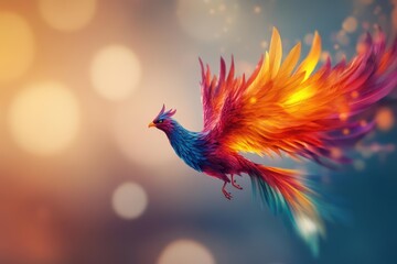 Fototapeta premium Vibrant Colorful Bird Gracefully Soaring Through Clear Blue Sky with Fluffy White Clouds Creating a Lively and Joyful Atmosphere of Freedom