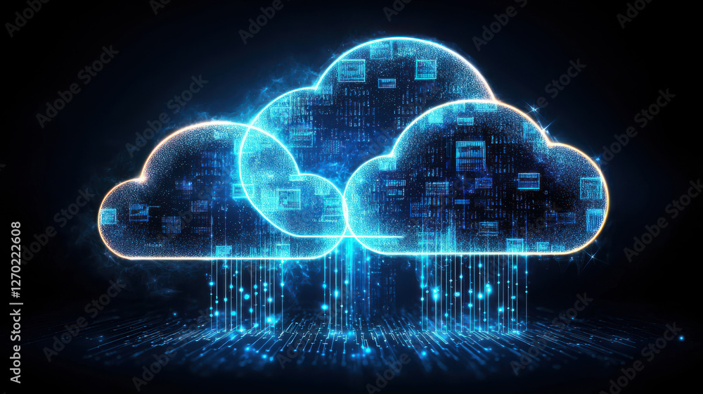 Poster cloud based file storage digital cloud hologram with data flow lines and glowing effects