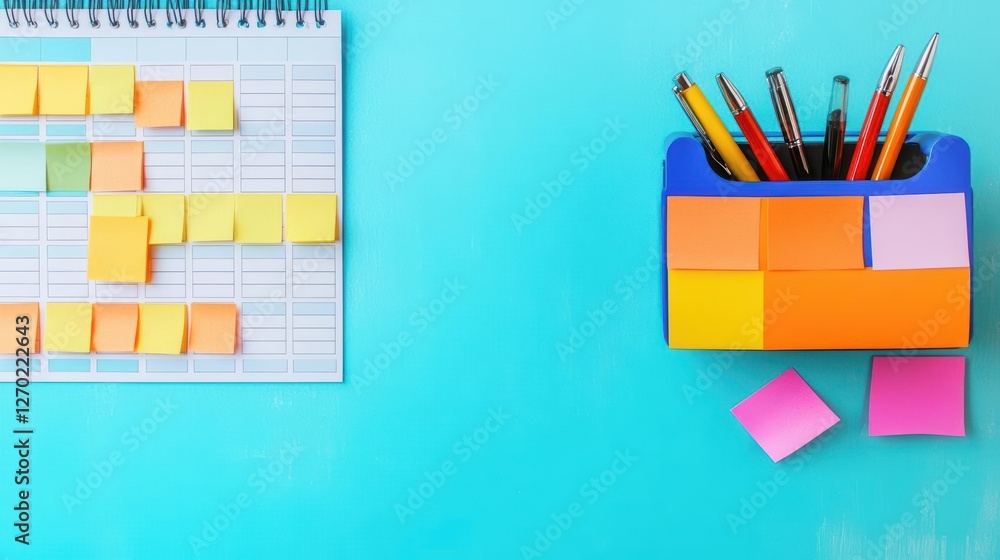 Poster organized workspace featuring colorful sticky notes and a sleek pen on a modern desk creating a prod