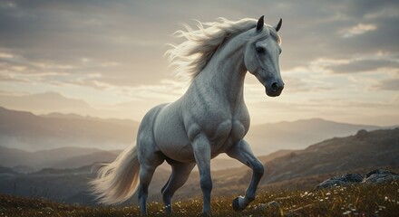 Obraz premium Magnificent white horse galloping gracefully in a mountainous landscape