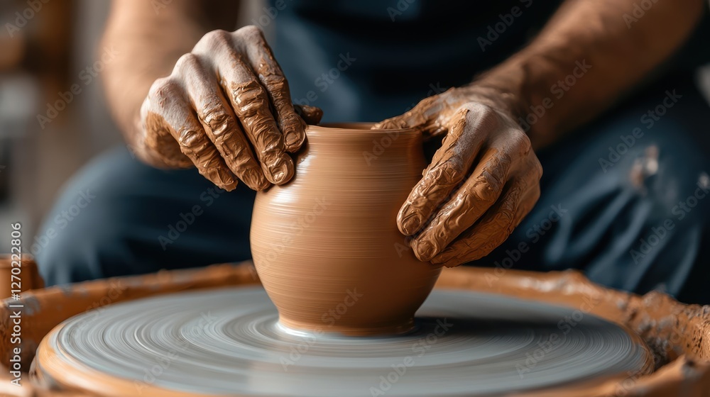 Poster dedicated potter skillfully shaping clay on a traditional wheel creating unique artworks in a warm w