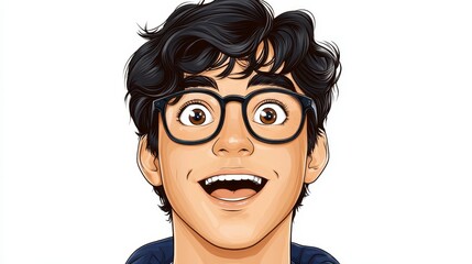 Pixel Art Portrait Joyful Young Man with Dark Curly Hair and Glasses
