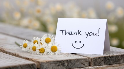 Thank you card sits beside daisies on weathered wood