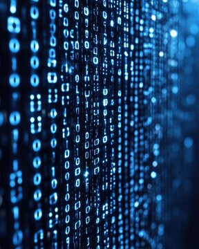 Blue binary code streams vertically resembling a digital matrix