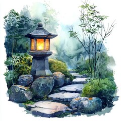 Watercolor painting of a zen garden with a stone lantern softly glowing at dusk, on isolated white background