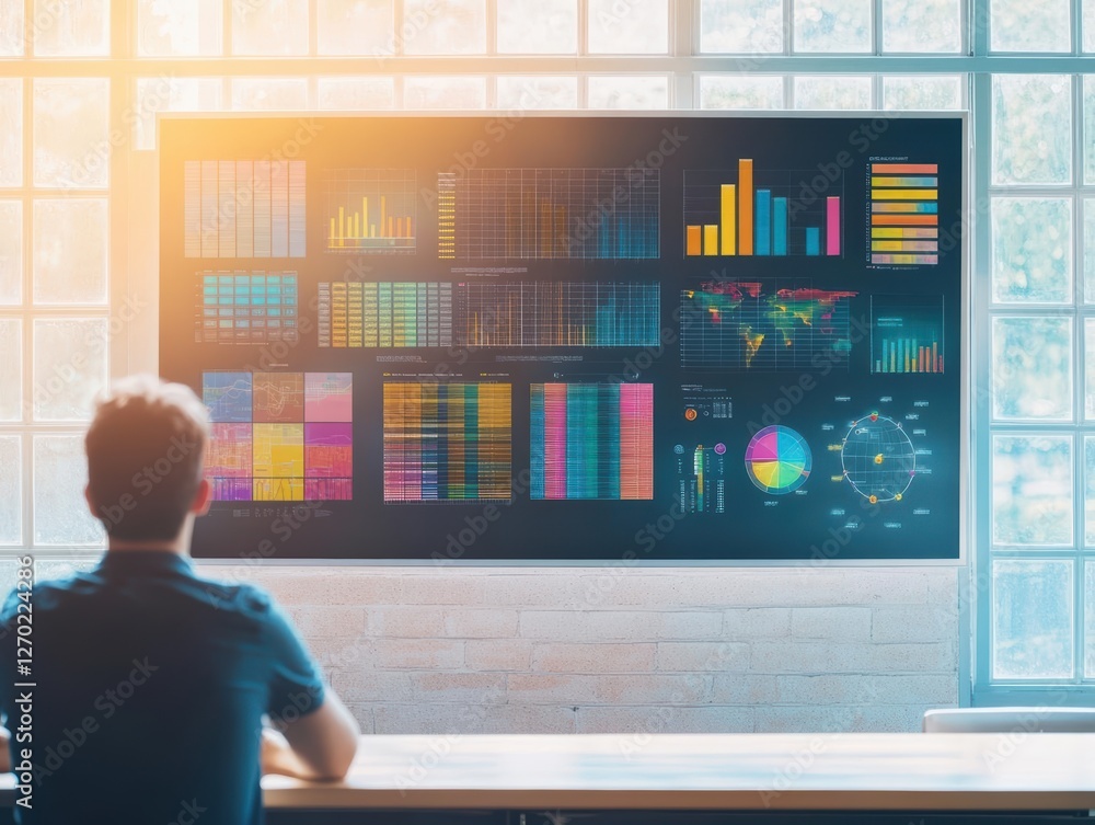 Poster focused man analyzing data on large digital screen with colorful graphs displaying trends and insigh